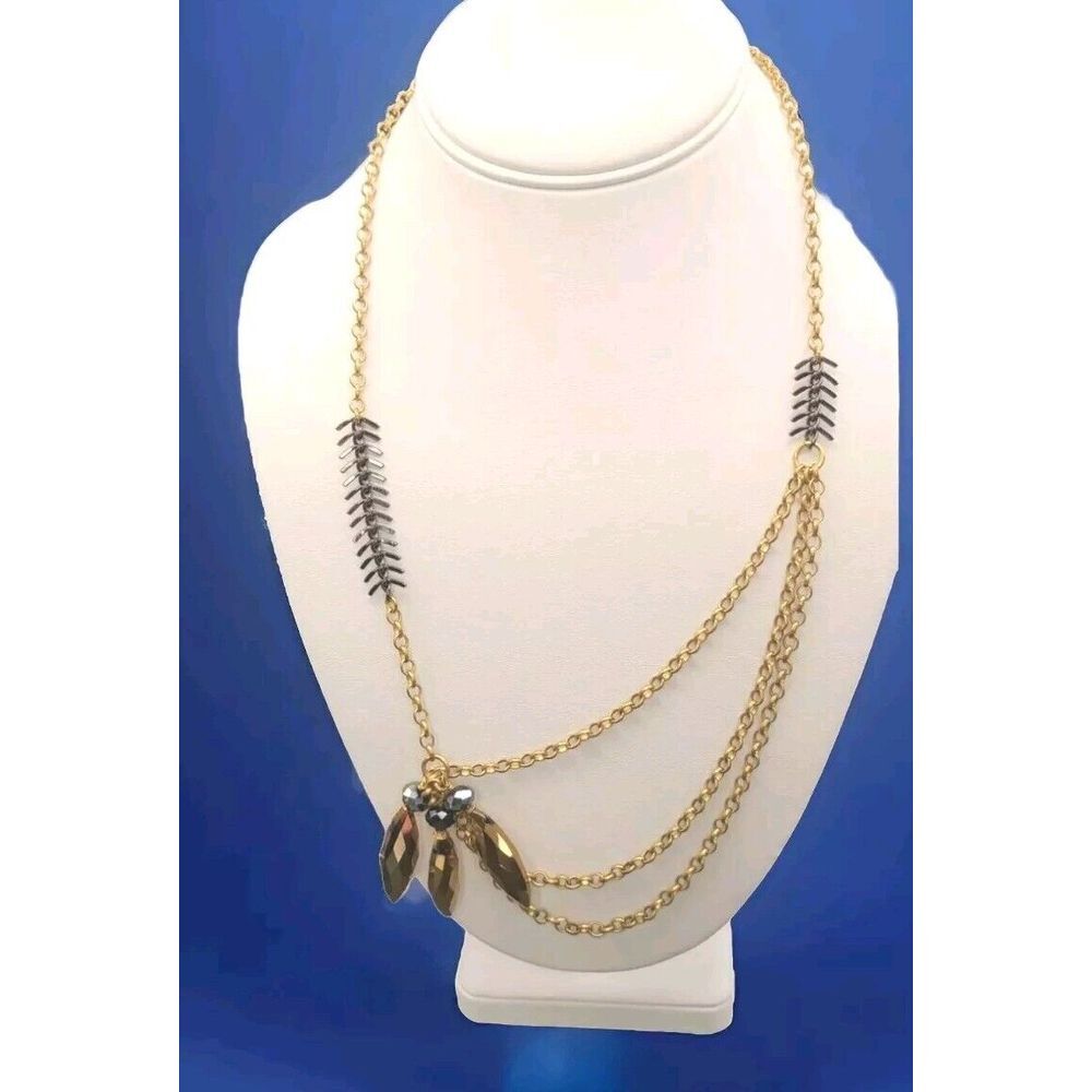 Nashelle Gold Tone‎ Mixed Metal Hematite Stone Necklace 22" Multi Chain Elegant